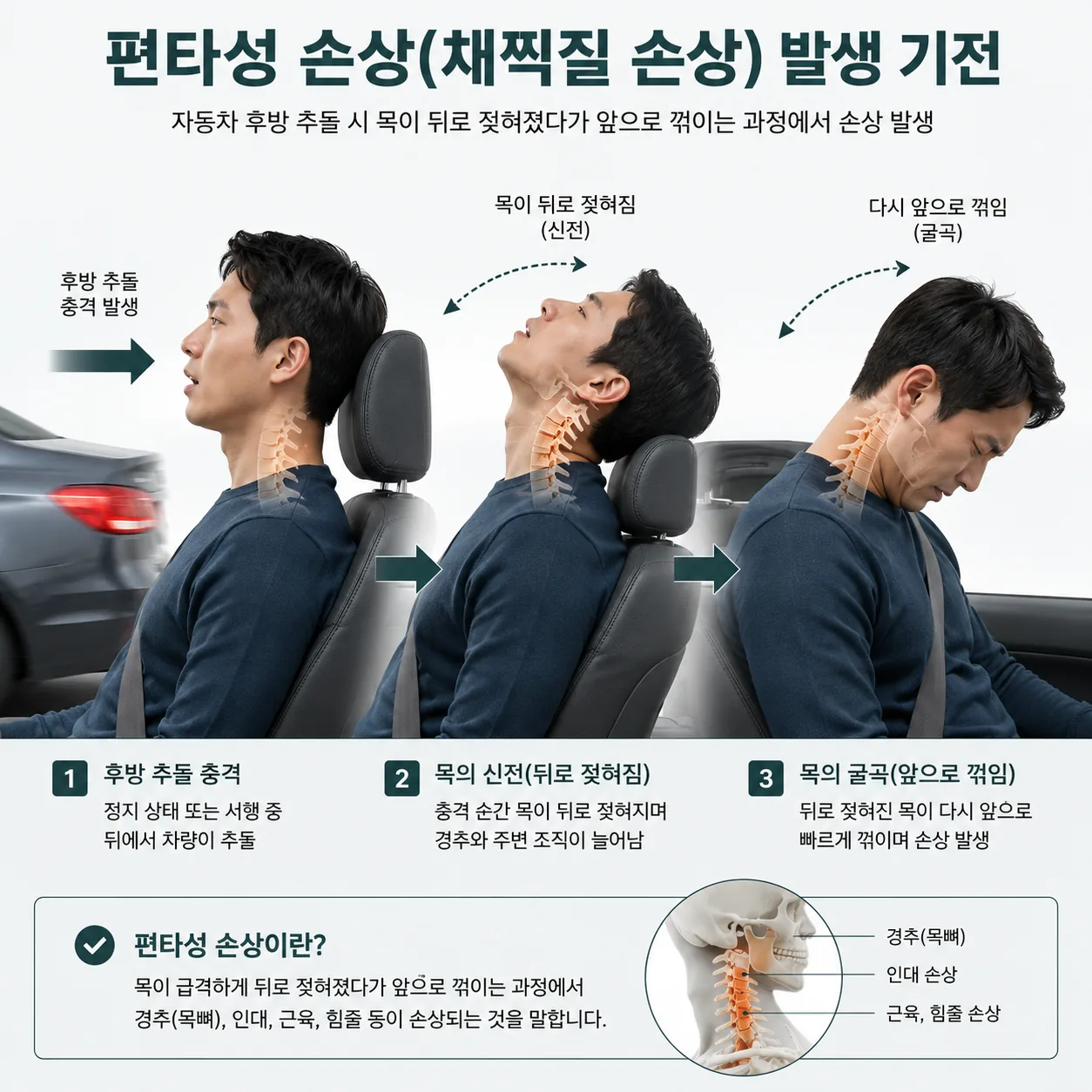 교통사고 후방 추돌 시 목이 채찍처럼 꺾이는 편타성 손상 발생 기전