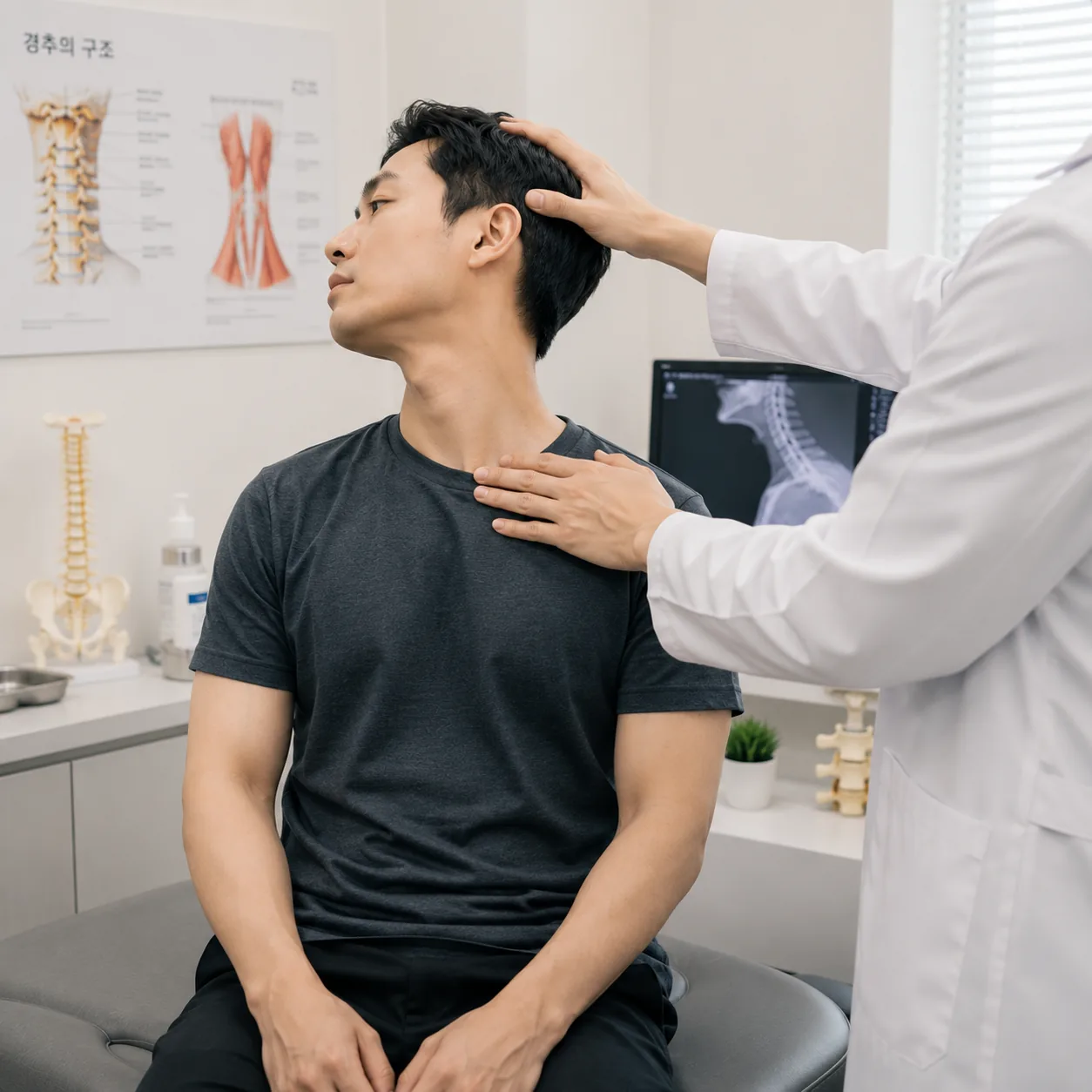 교통사고 목통증 환자의 경추 상태를 확인하는 한방병원 진료 장면
