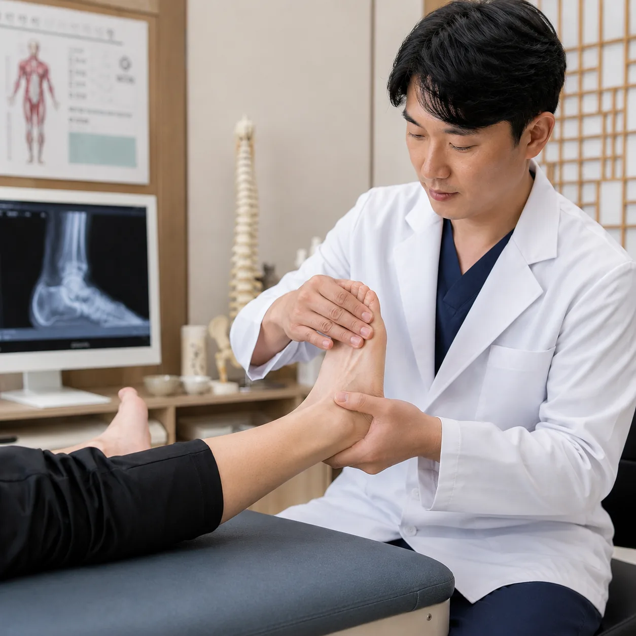 발목 염좌 환자의 발목 상태를 확인하는 한방병원 의료진