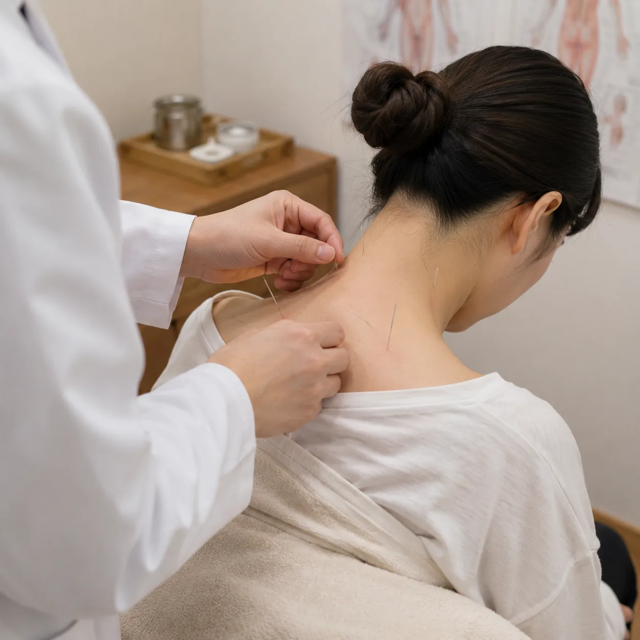 교통사고 두통 완화를 위한 경추 주변 침 치료 모습