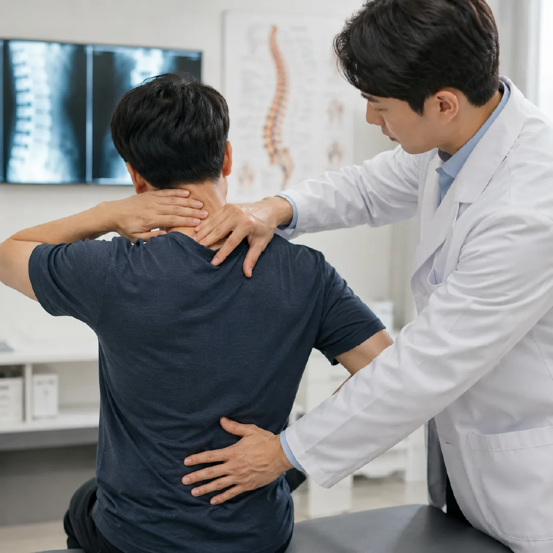 교통사고 한약 처방 전 어혈 증상을 진찰하는 한의사