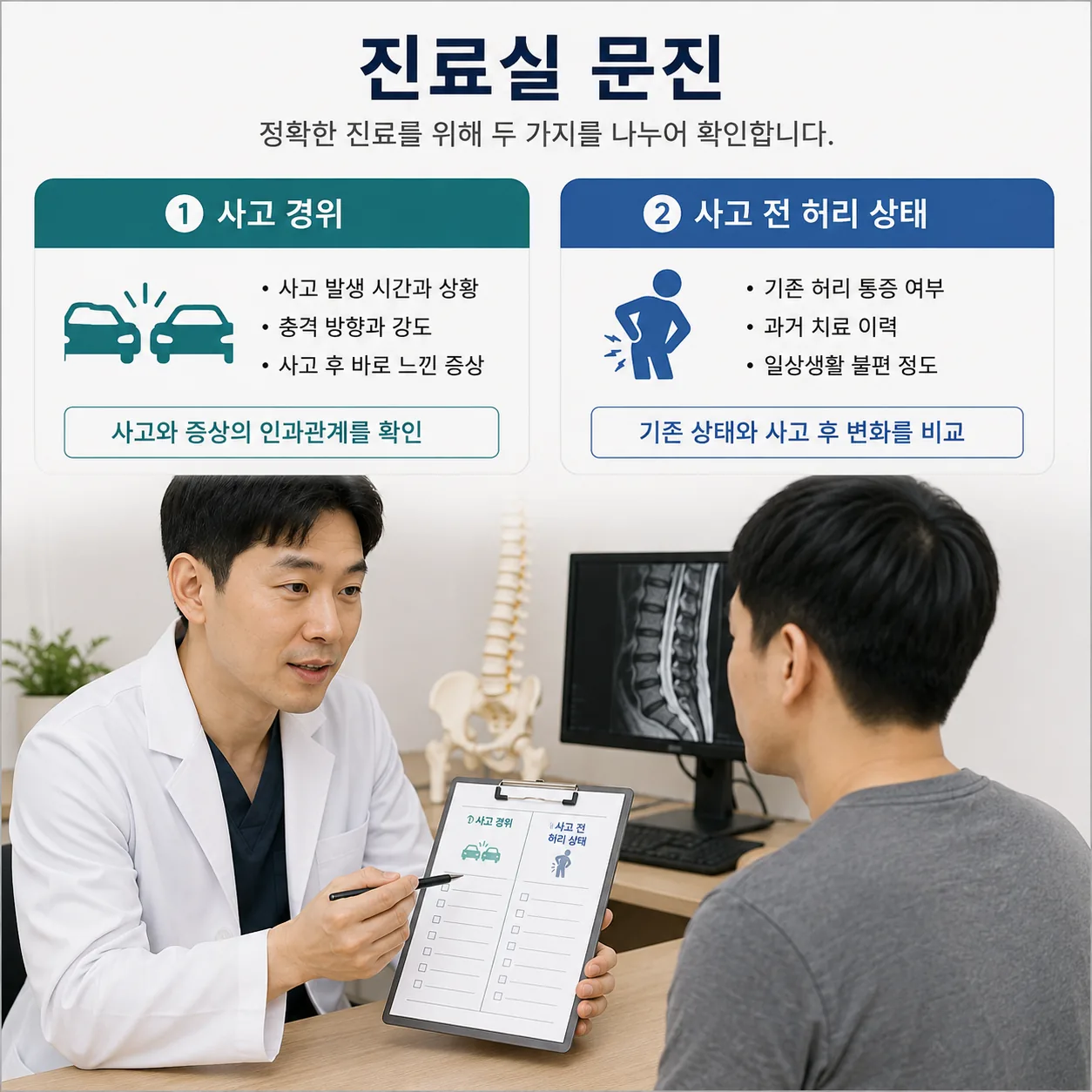 진료실에서 사고 경위와 사고 전 허리 상태를 나누어 확인하는 문진 장면