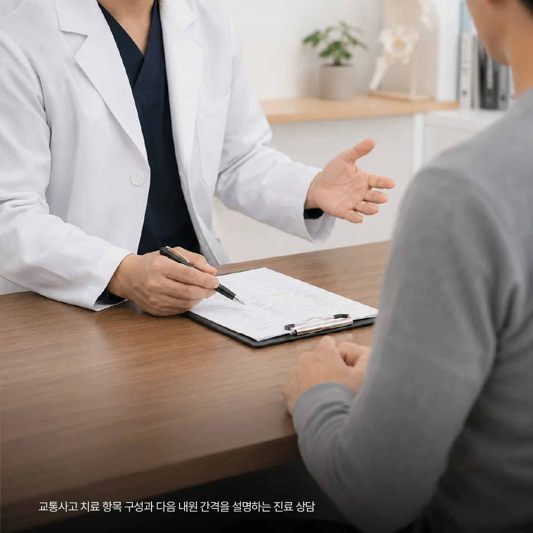 교통사고 치료 항목 구성과 다음 내원 간격을 설명하는 진료 상담 모습