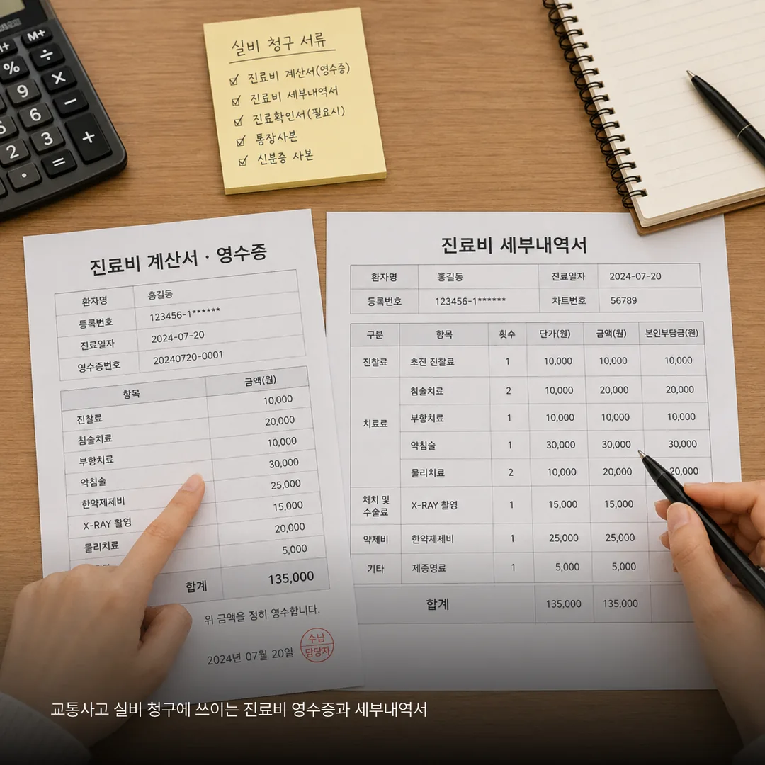 교통사고 실비 청구에 쓰이는 진료비 영수증과 세부내역서