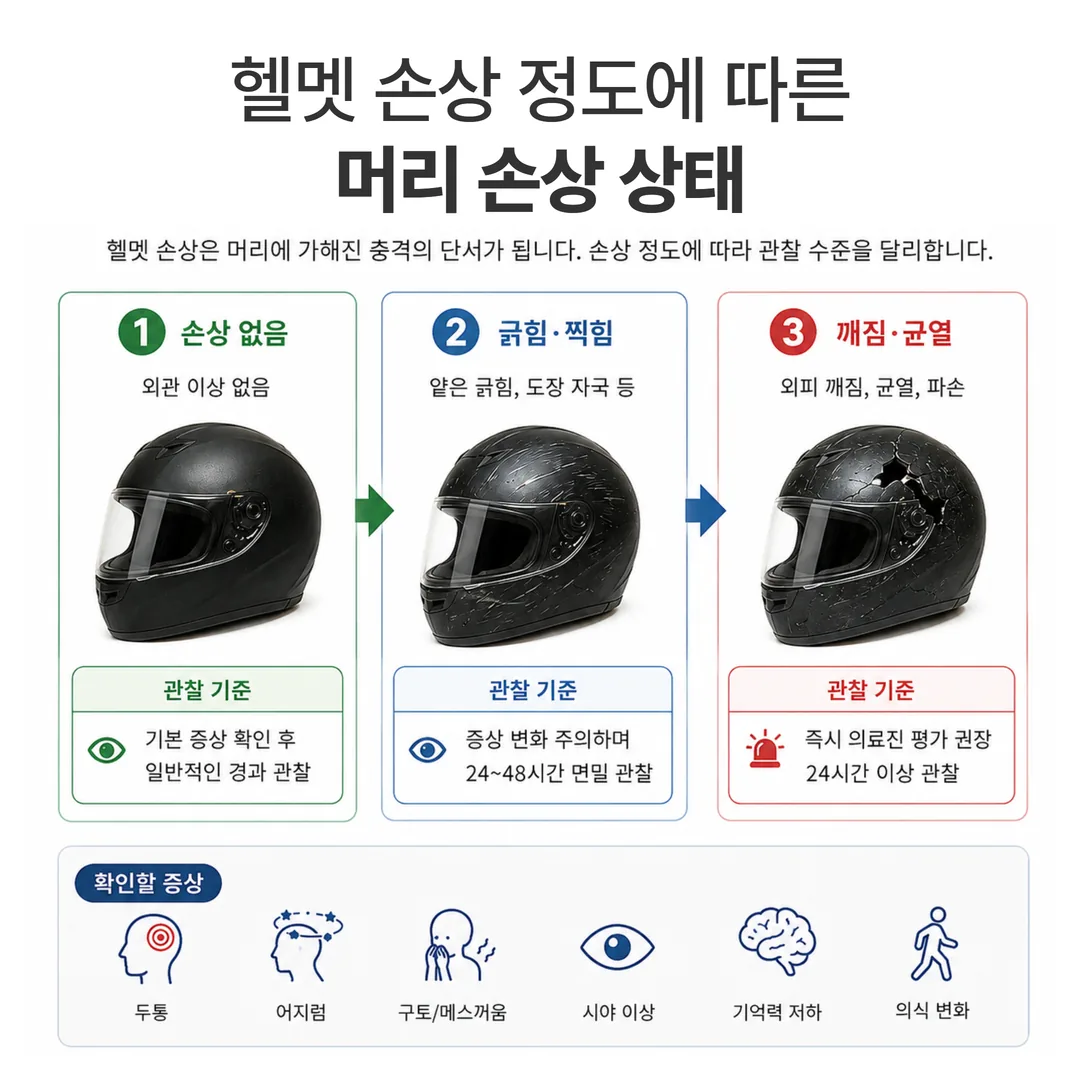 헬멧 손상 정도에 따른 머리 손상 관찰 기준 도식