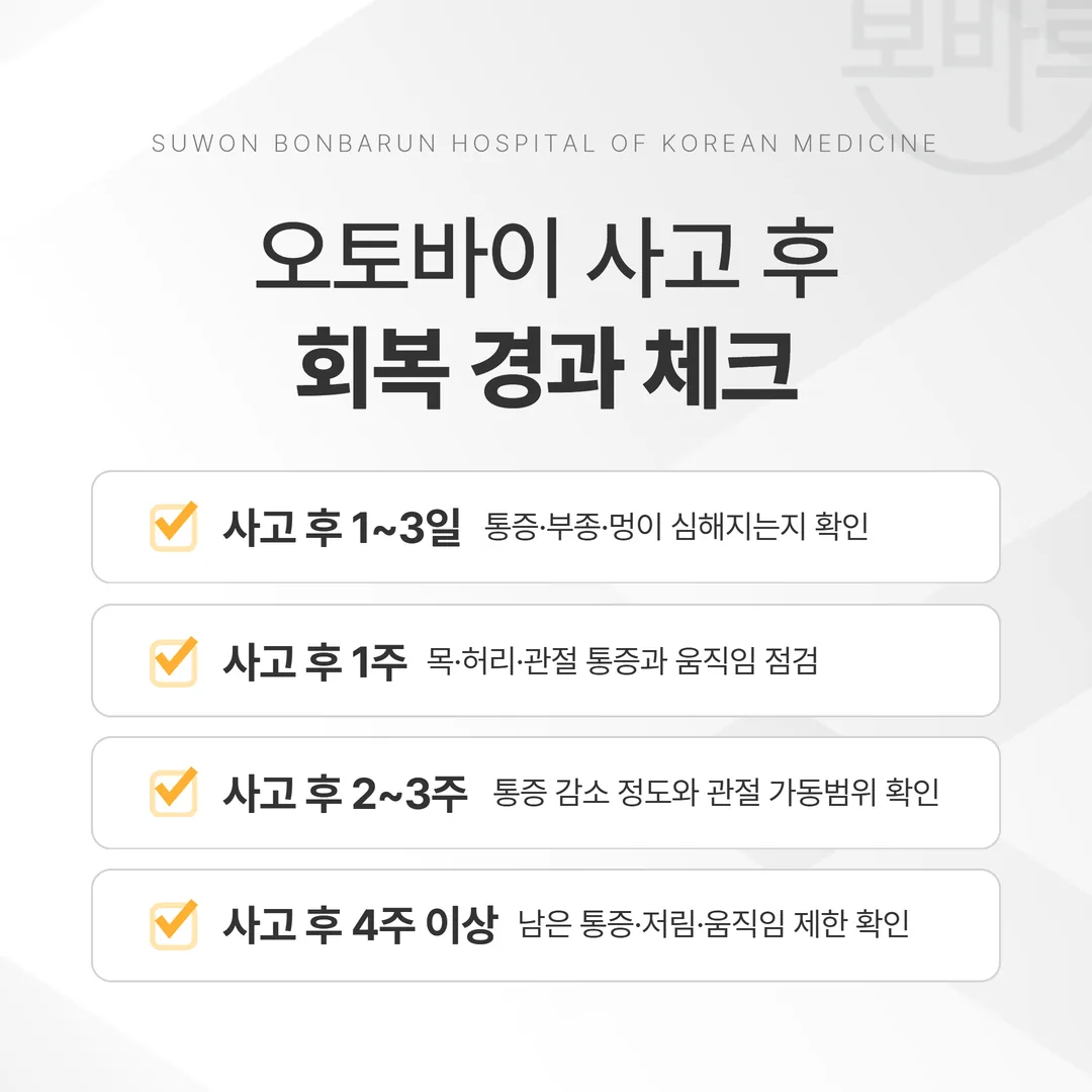 오토바이 사고 후 회복기 경과 확인 시점 타임라인
