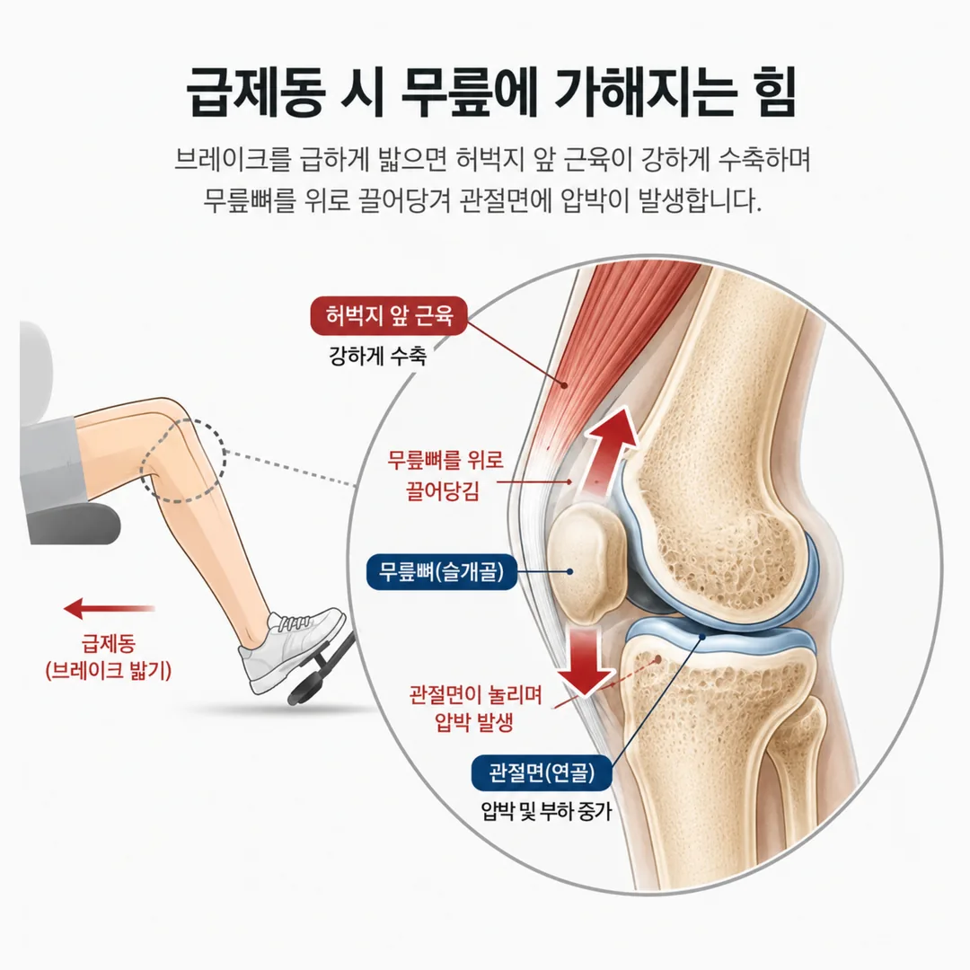 브레이크를 밟을 때 허벅지 앞 근육이 무릎뼈를 당기며 관절면에 부하가 실리는 구조