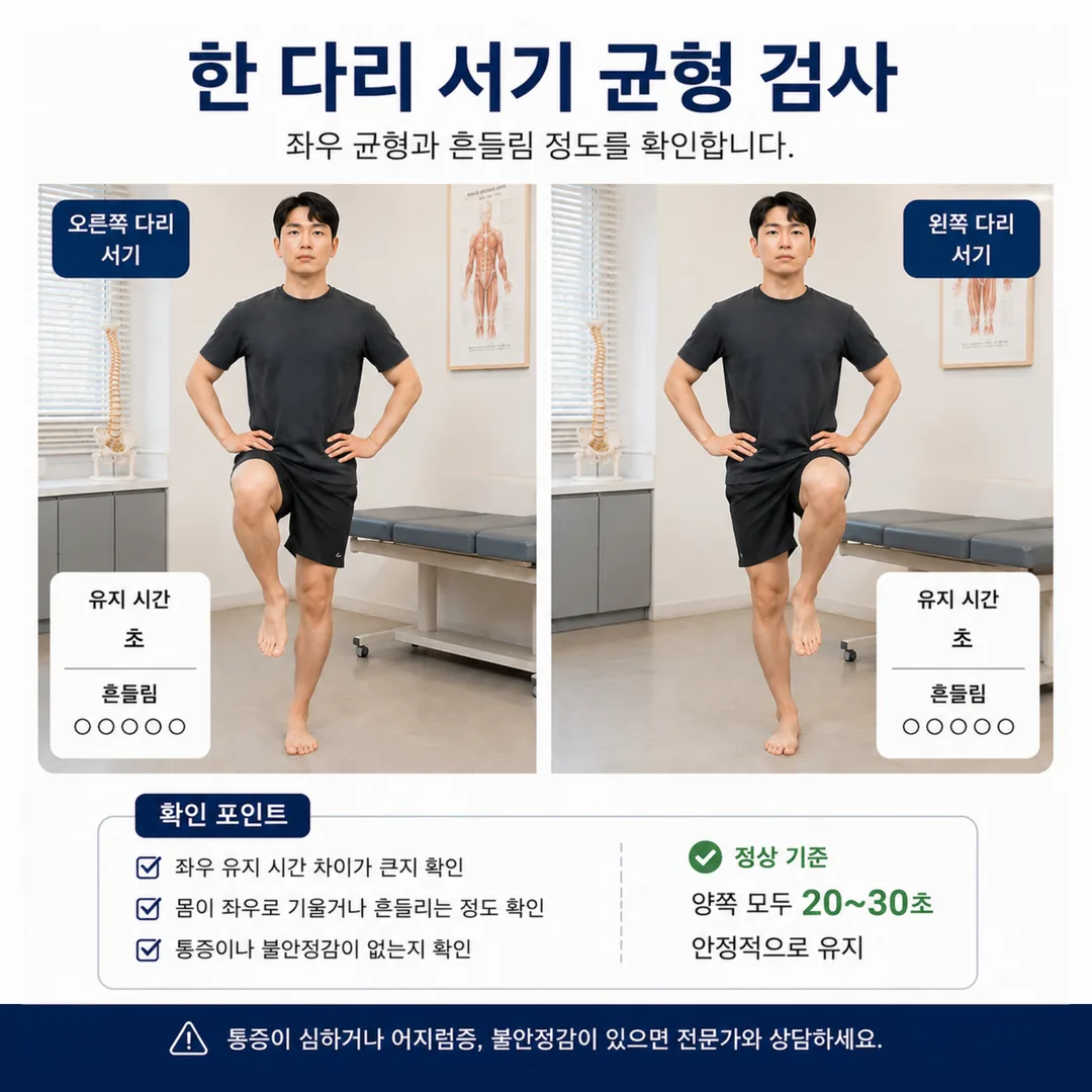 운동 복귀 전 한 다리 서기로 좌우 차이 확인