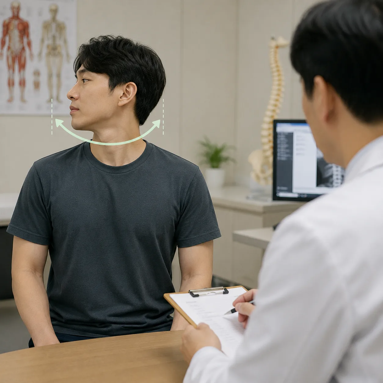 교통사고 후 목이 돌아가는 각도를 확인하는 모습