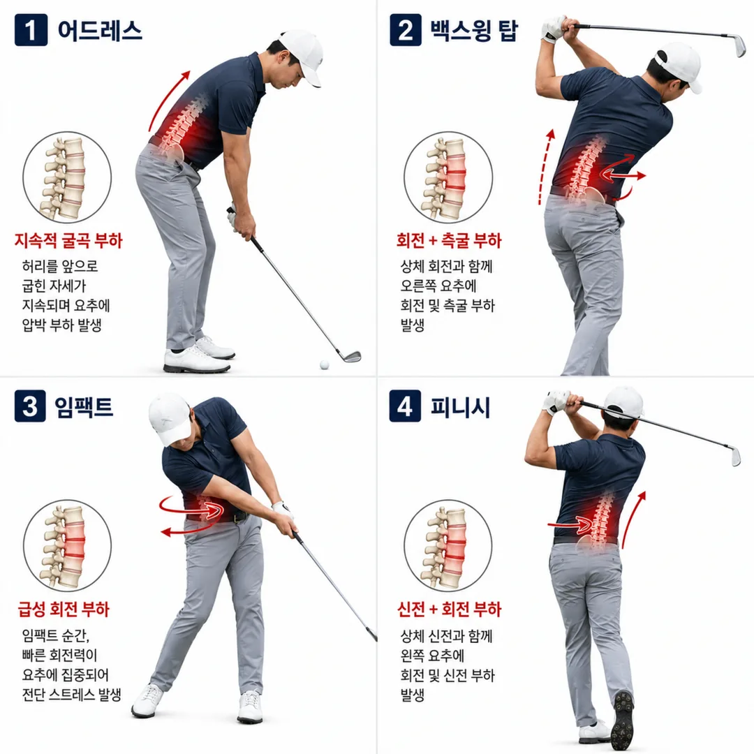 골프 스윙 국면별로 허리에 실리는 회전·신전 부하를 표시한 도해