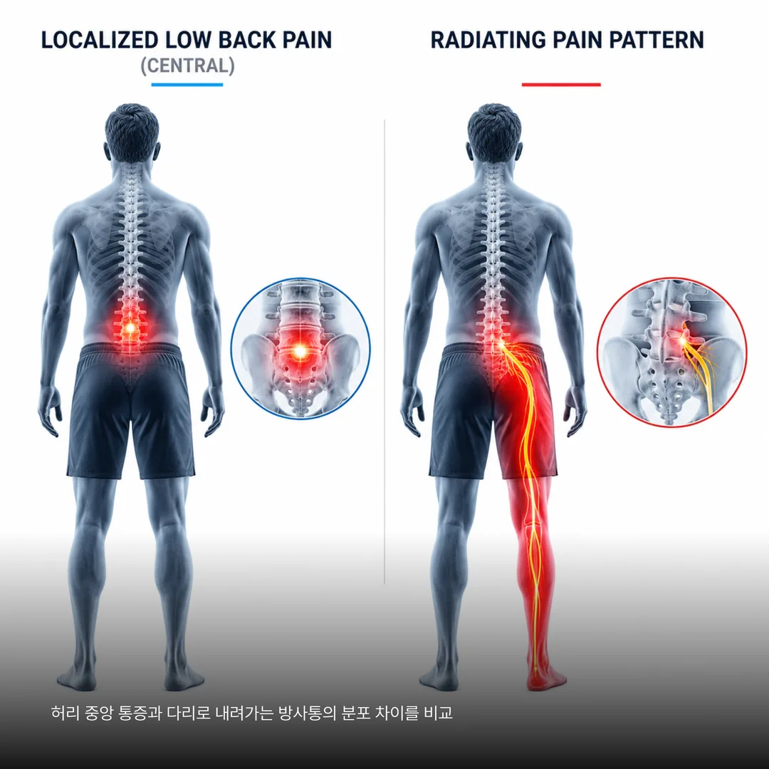 허리 중앙 통증과 다리로 내려가는 방사통의 분포 차이를 비교한 그림