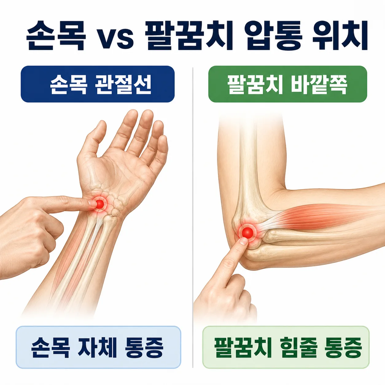 테니스 손목 통증과 팔꿈치 통증의 압통점 위치 비교