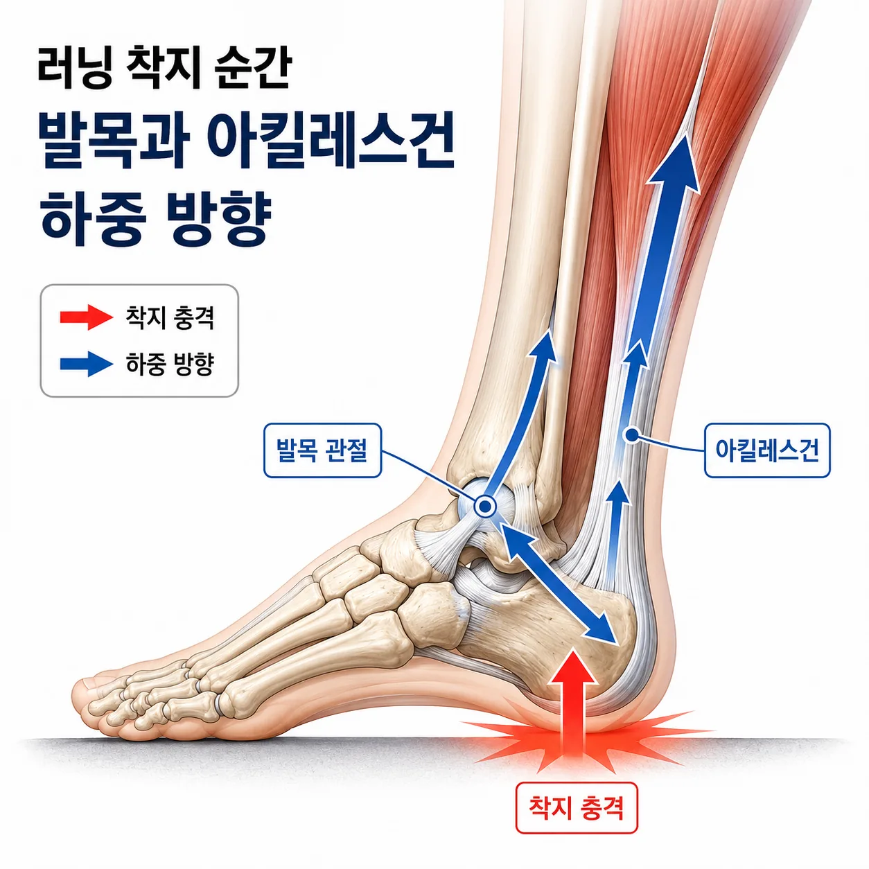 러닝 착지 때 발목에 실리는 부하 방향을 보여 주는 도해