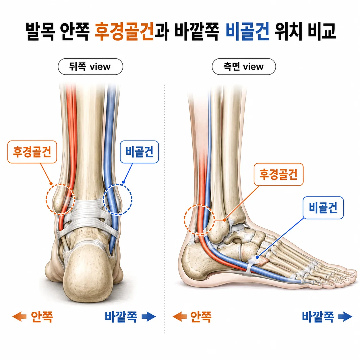 발목 안쪽 후경골건과 바깥쪽 비골건의 위치를 비교한 도해