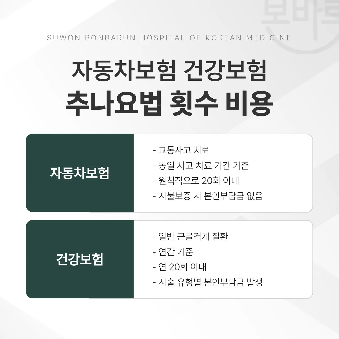 자동차보험 건강보험 추나요법 횟수 비용 비교 인포그래픽