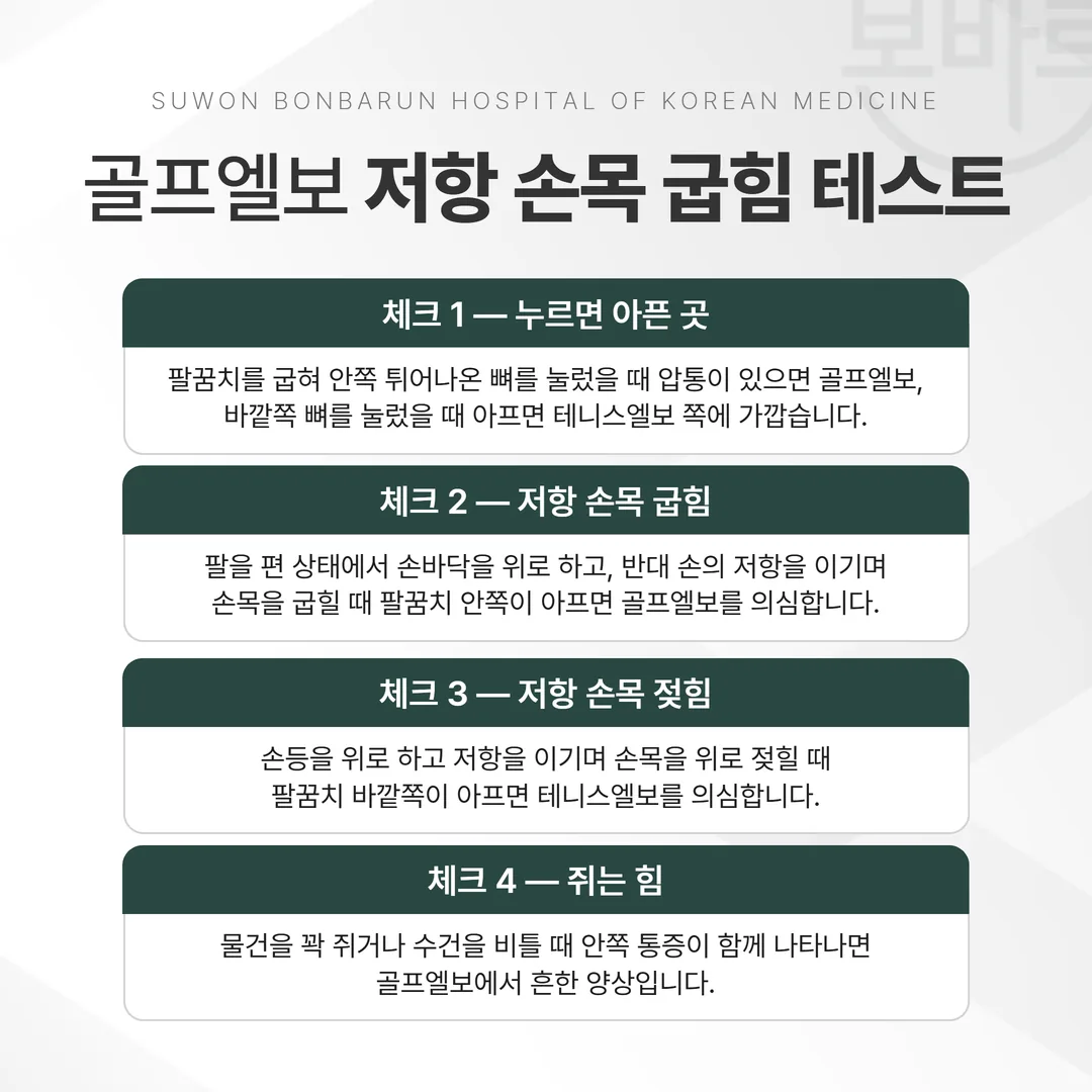 골프엘보 자가진단을 위한 저항 손목 굽힘 테스트 동작