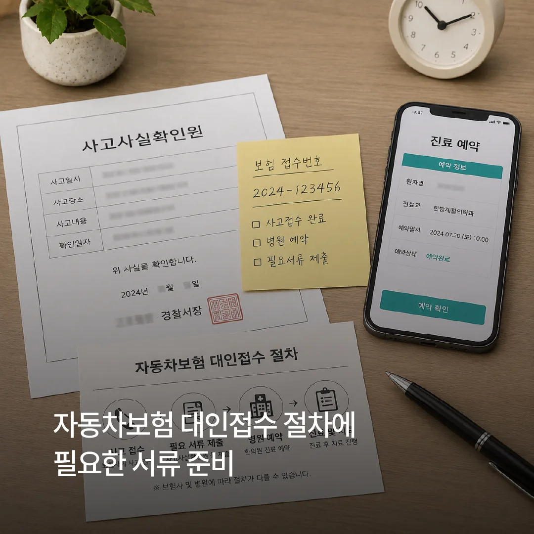 자동차보험 대인접수 절차에 필요한 서류를 준비하는 모습