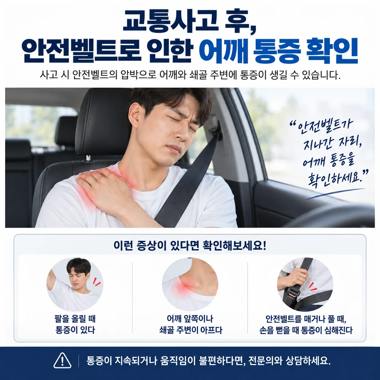 안전벨트 경로와 교통사고 후 어깨 통증 부위를 표시한 개념도