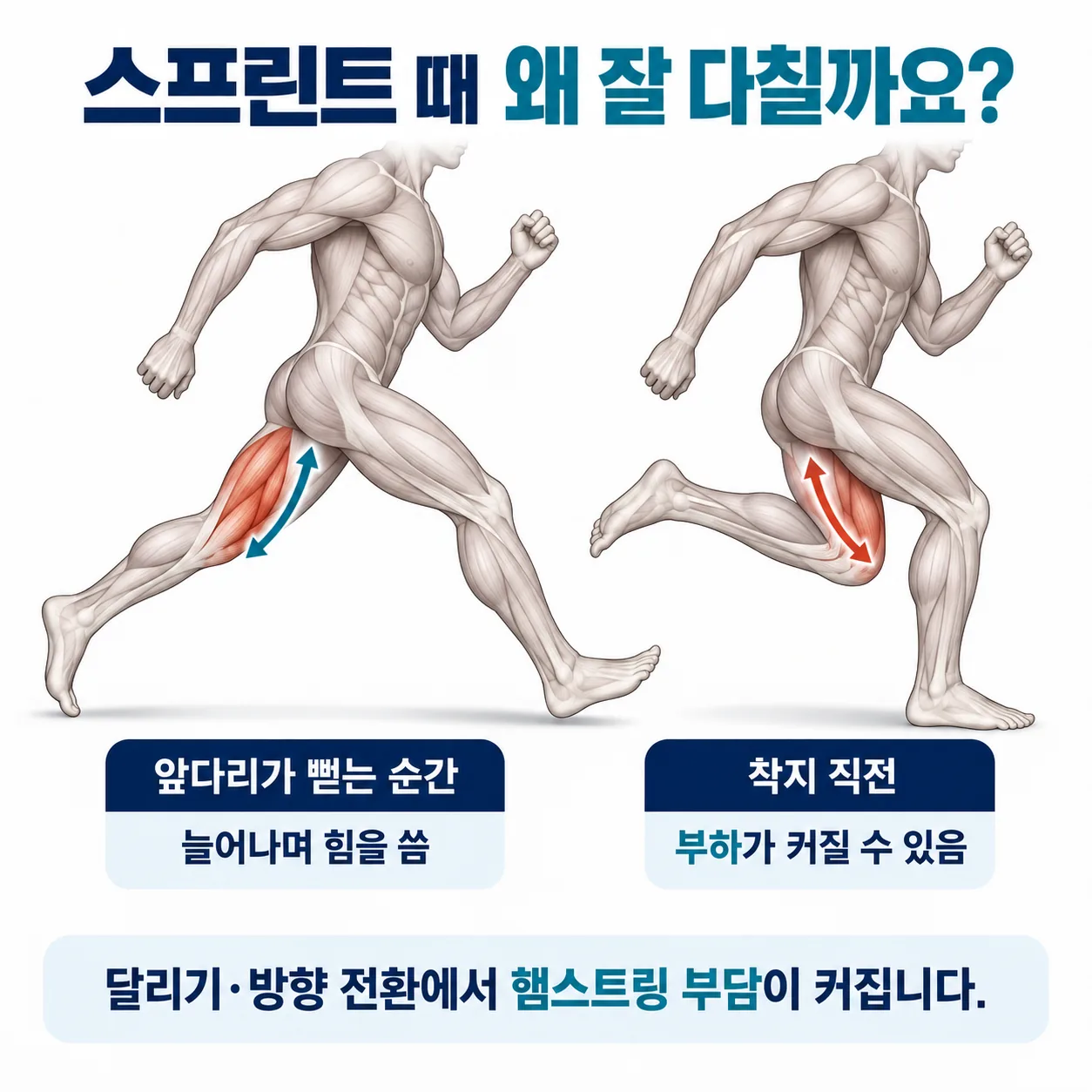 스프린트 중 다리가 앞으로 뻗는 구간에서 햄스트링에 늘어나는 힘이 걸리는 지점을 표시한 동작 개념도