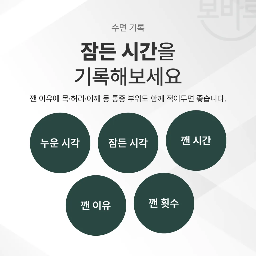 사고 후 수면 기록에 적는 다섯 가지 항목과 깬 이유 칸을 정리한 표