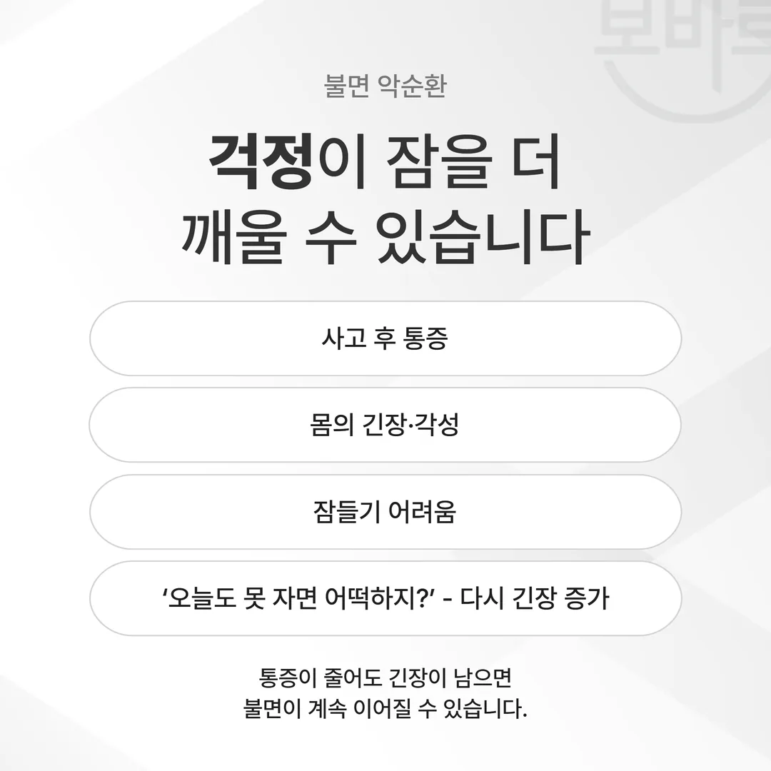 사고 뒤 통증과 긴장, 수면 걱정이 서로를 유지하는 악순환 관계도